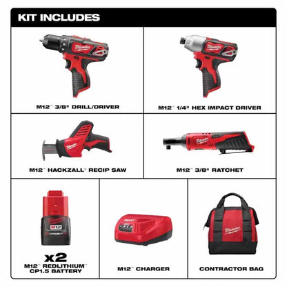Milwaukee 2497-24B M12 12V Lithium-Ion Cordless Combo Kit (4-Tool) w/(2) 1.5Ah Batteries, (1) Charger, (1) Tool Bag - 760901