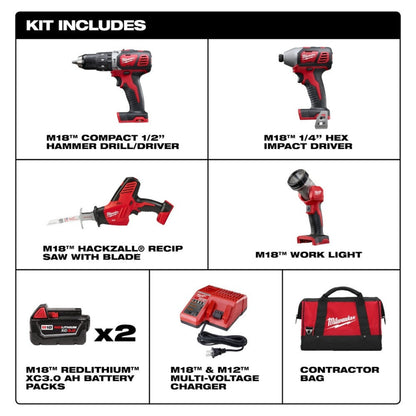 Milwaukee 2695-24 M18 Cordless Combo Compact Hammer Drill/Hackzall/1/4 Hex Impact Driver/Work Light/Charger/2 Battery - 709