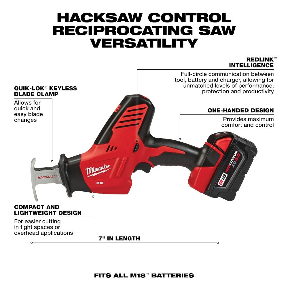 Milwaukee 2695-24 M18 Cordless Combo Compact Hammer Drill/Hackzall/1/4 Hex Impact Driver/Work Light/Charger/2 Battery - 709