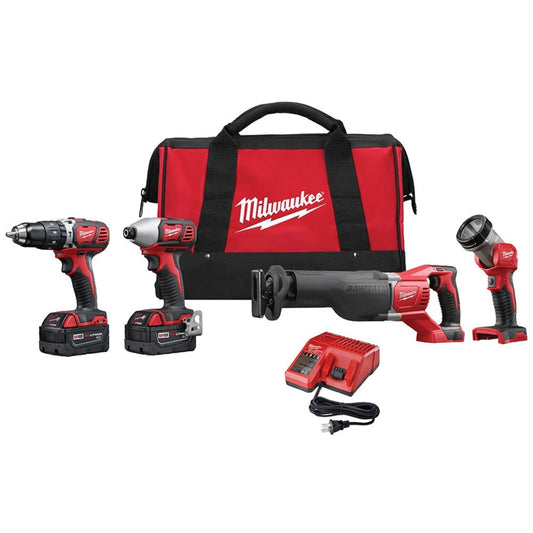 Milwaukee 2696-24 M18 Cordless Combo Compact Hammer Drill/Sawzall/1/4 Hex Impact Driver/Work Light/Charger/2 Battery - 2082