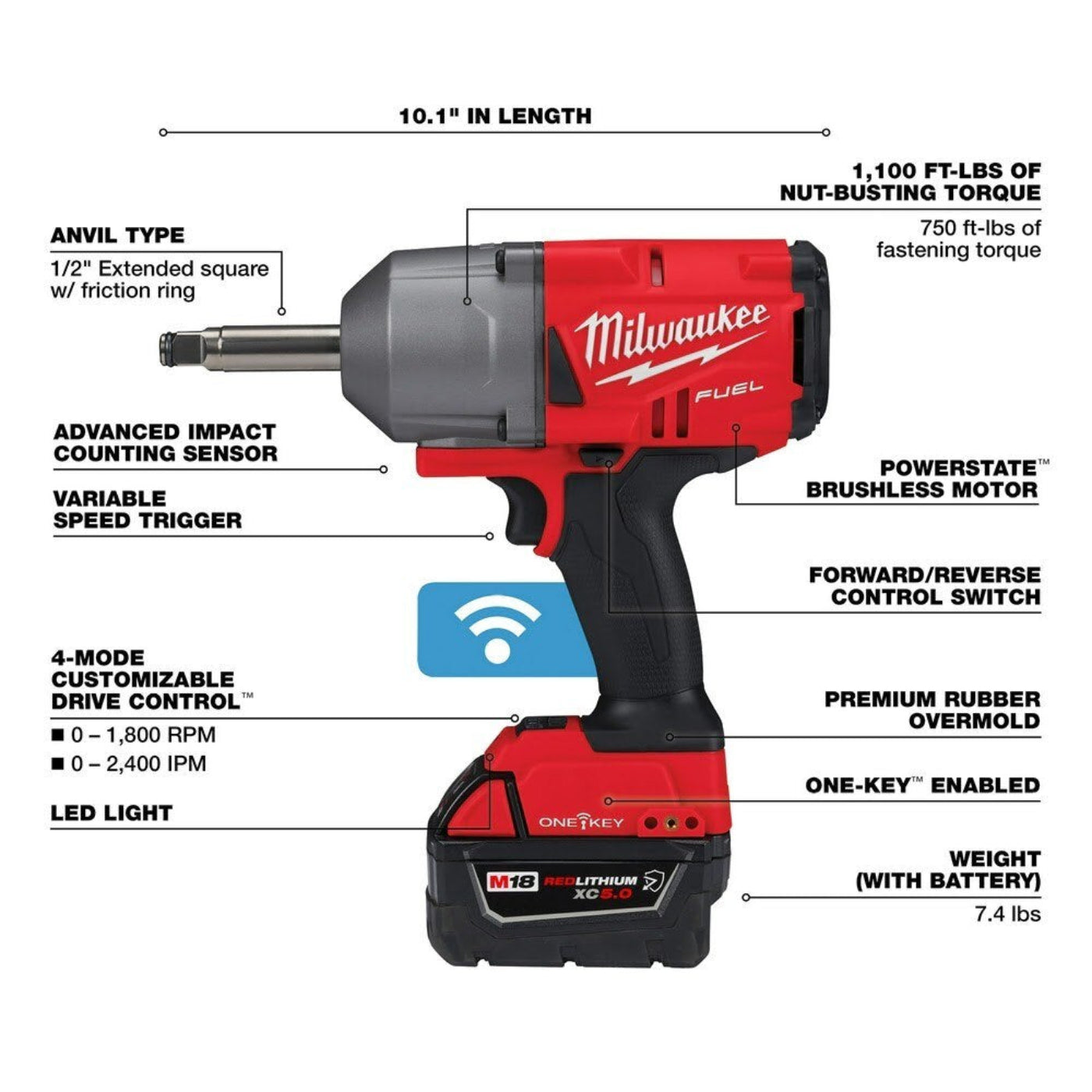 Milwaukee 2769-22R M18 FUEL 1/2" Ext. Anvil Controlled Torque Impact Wrench w/ONE-KEY Kit - 705609