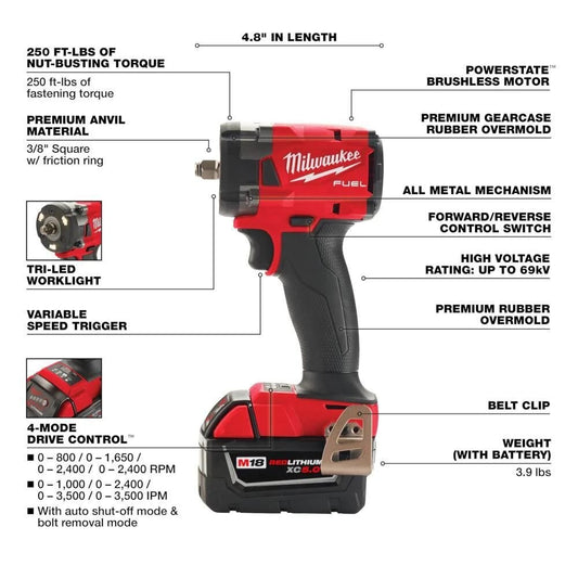 Milwaukee 2854-22R M18 FUEL 3/8 " Compact Impact Wrench w/ Friction Ring Kit