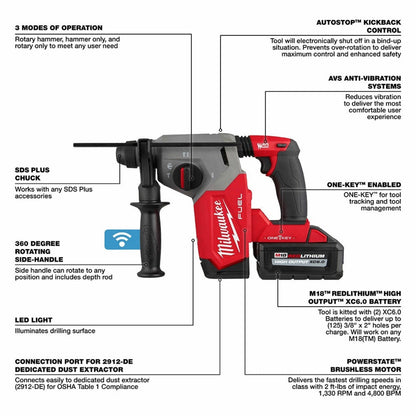 Milwaukee 2914-22DE M18 FUEL 1" SDS Plus Rotary Hammer w/ ONE-KE Dust Extractor Kit - 683345