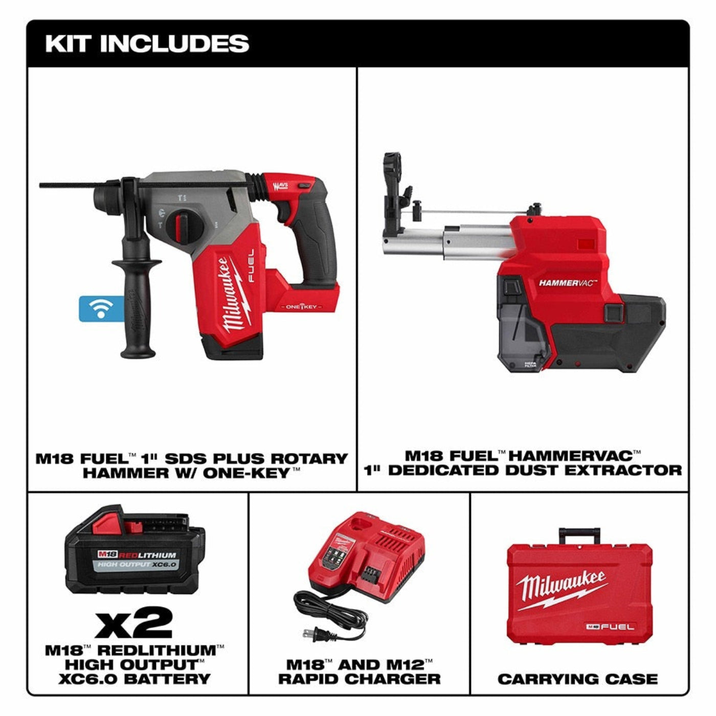 Milwaukee 2914-22DE M18 FUEL 1" SDS Plus Rotary Hammer w/ ONE-KE Dust Extractor Kit - 683345