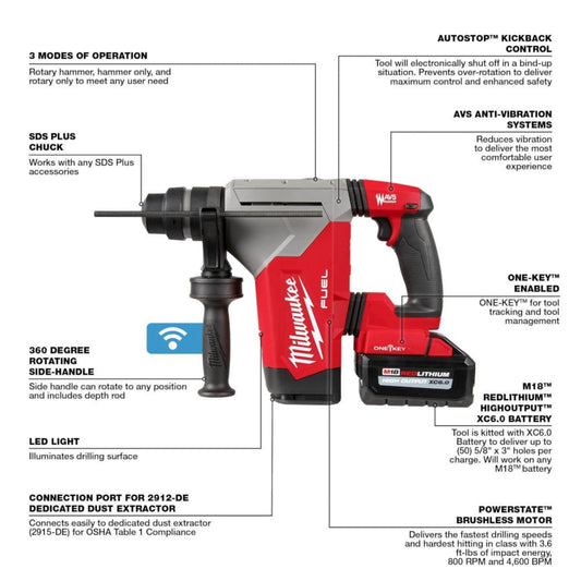 Milwaukee 2915-22DE M18 FUEL 1-1/8” SDS Plus Rotary Hammer Kit With DExtractor edicated Dust - (2) XC6.0 Battery Pack - 658976
