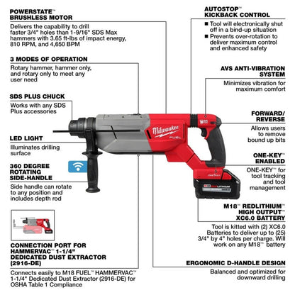 Milwaukee 2916-22 M18 FUEL 1-1/4" SDS Plus D-Handle Rotary Hammer Kit w/ ONE-KEY - 719558
