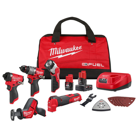 Milwaukee 3497-25 M12 FUEL 12-Volt Lithium-Ion Cordless 5-Tool Combo Kit w/(2) Batteries and Bag - 771052