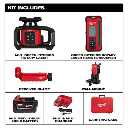 Milwaukee 3702-21 M18 Green Interior Rotary Laser Level Kit w/ Remote/Receiver & Wall Mount Bracket - 734966