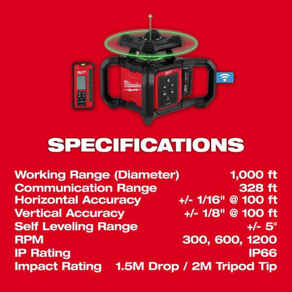 Milwaukee 3702-21 M18 Green Interior Rotary Laser Level Kit w/ Remote/Receiver & Wall Mount Bracket - 772919