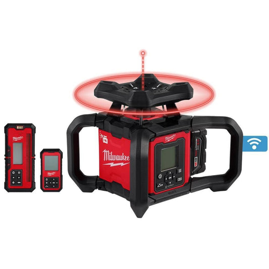 Milwaukee 3704-21T M18 Red Exterior Dual Slope Rotary Laser Level Kit w/ Receiver, Remote, Grade Rod & Tripod - 735055