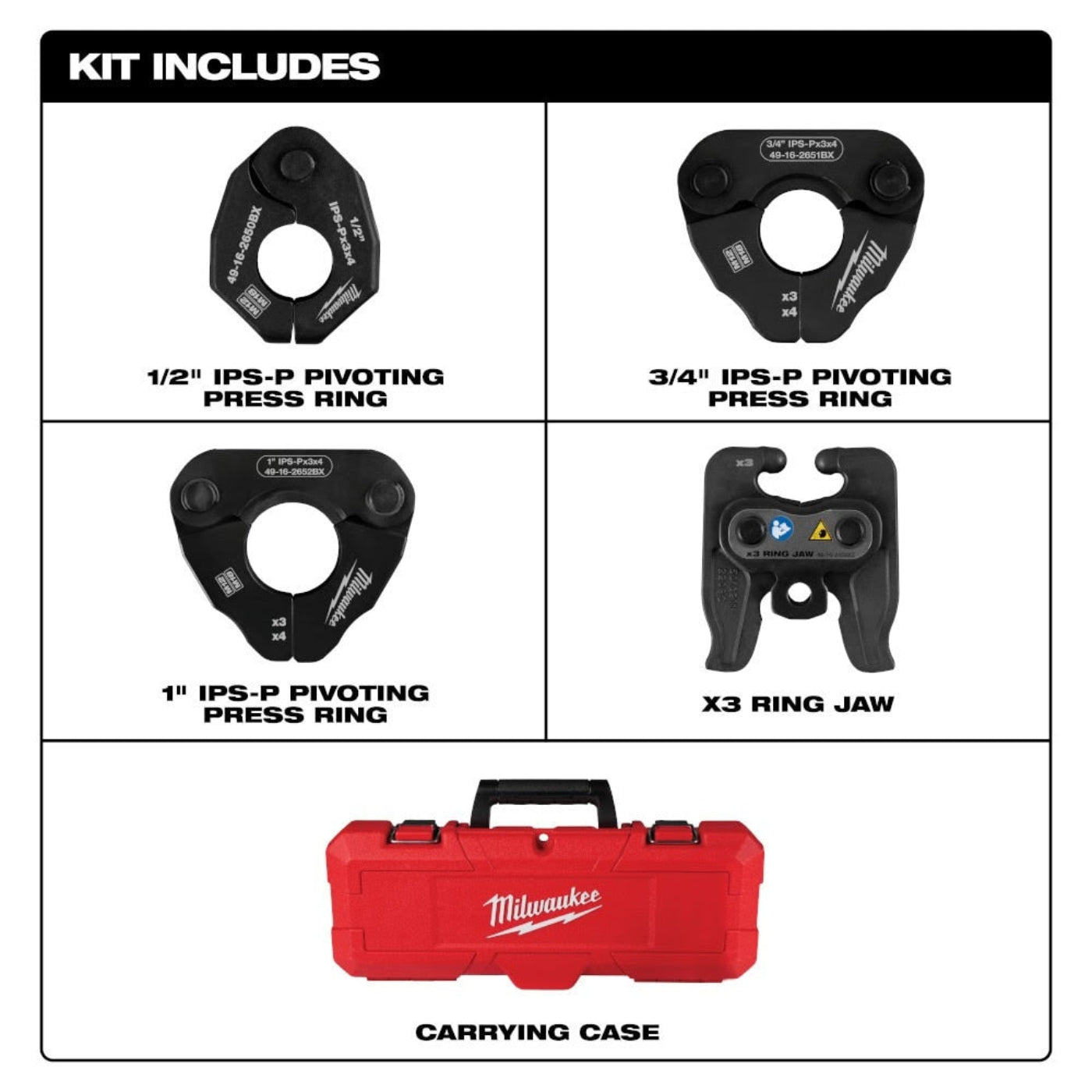 Milwaukee 49-16-2496X 1/2" - 1" IPS-P Pivoting Press Ring Kit for M12 FORCE LOGIC Press Tool - 760086
