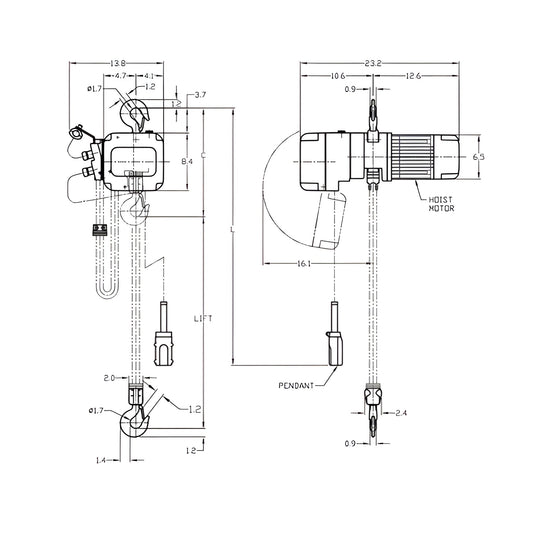 Harrington NER010L Electric Chain Hoist 1 Ton Capacity with 10FT Chain Fall - New Surplus - Harrington NER010L
