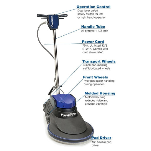 Powr-Flite Millennium Edition, Floor Burnisher, 20", 1600 RPM, No Dust Control, 75' Cord, Forward and Reverse