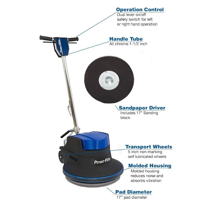 Powr-Flite Millennium, Floor Machine, Low Speed, 17", 109lbs, 175 RPMs, 1.5HP, 50' Cord, Includes Sanding Drive Plate - SB17M