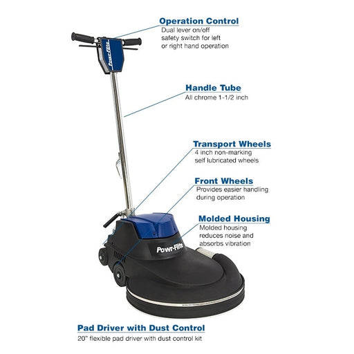 Powr-Flite Millennium Edition, Floor Burnisher, 20", 2000 Rpm, Dust Control, 75' Cord, Forward and Reverse - NM2000DC