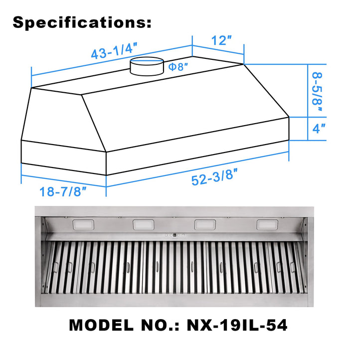 Range Hood Insert 54 Inch, 1200 CFM Built-in Kitchen Hood with 4 Speeds, Ultra-Quiet Stainless Steel Ducted Vent Hood Insert with Dimmable LED Lights and Dishwasher Safe Filter - NX-19IL-54-Warm White