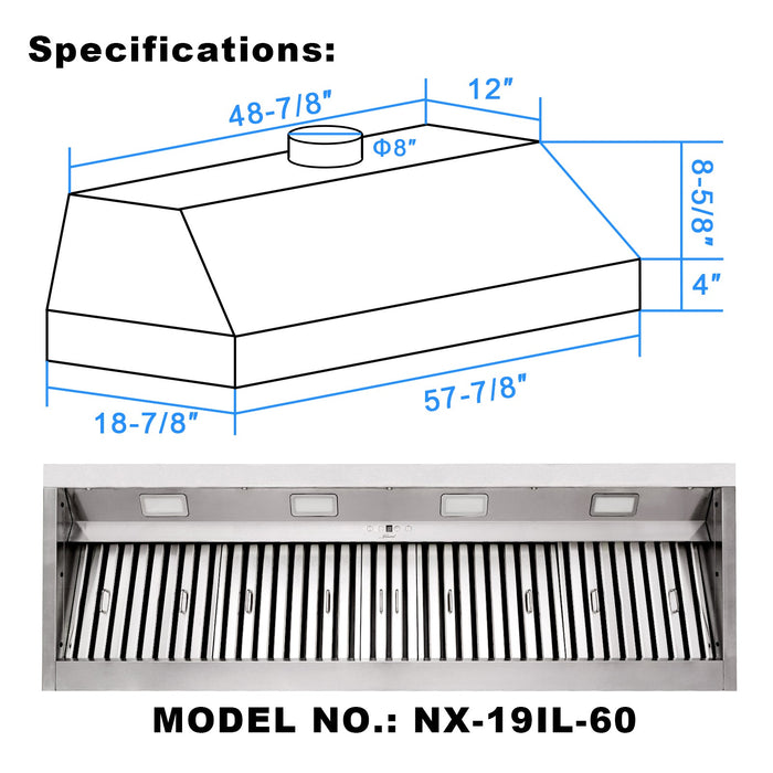 Range Hood Insert 60 Inch, 1200 CFM Built-in Kitchen Hood with 4 Speeds, Ultra-Quiet Stainless Steel Ducted Vent Hood Insert with Dimmable LED Lights and Dishwasher Safe Filter - NX-19IL-60-Warm White