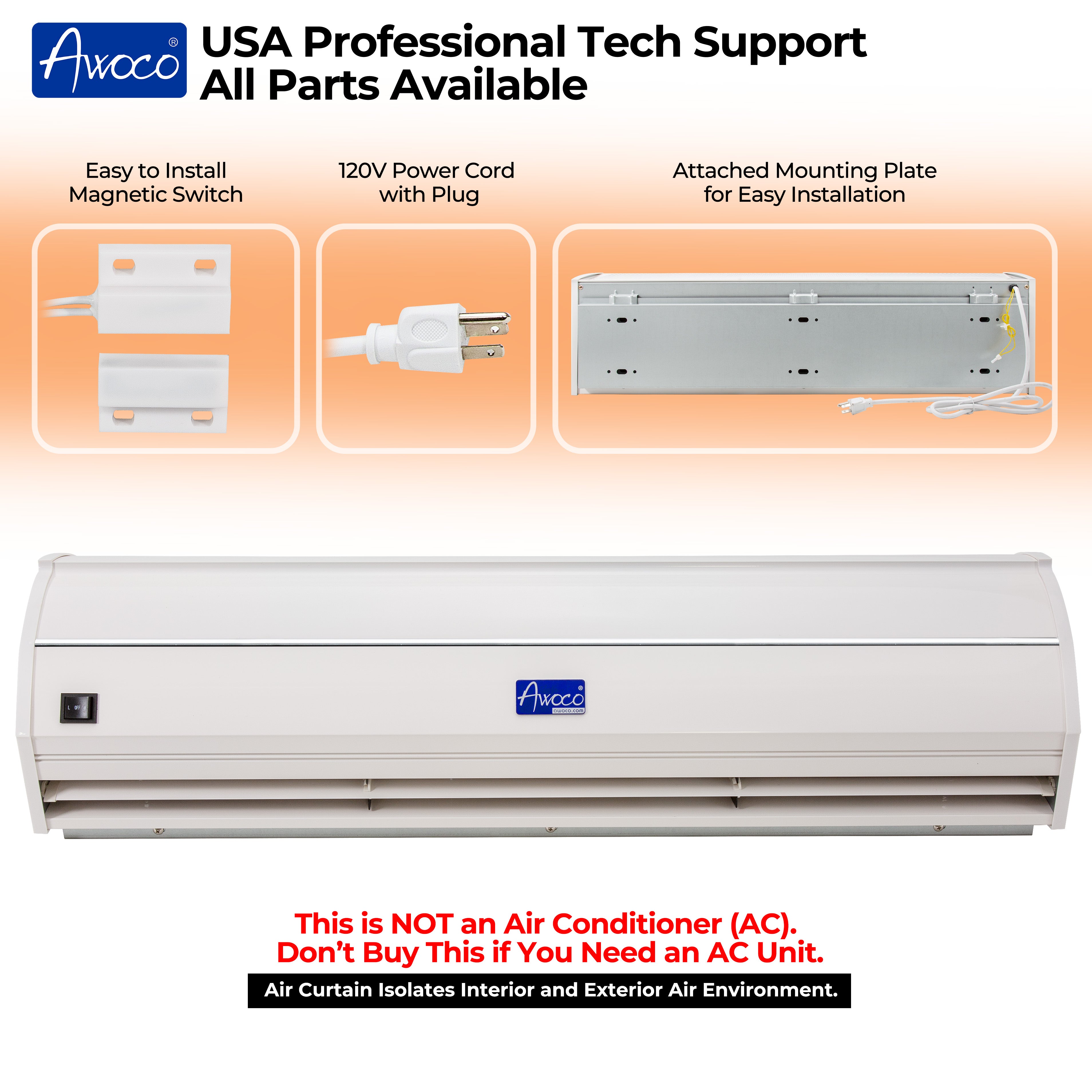 Awoco FM35-ETL Elegant 1 Speed Air Curtains, 120V Unheated and ETL Sanitation Listed - FM3509-ETL