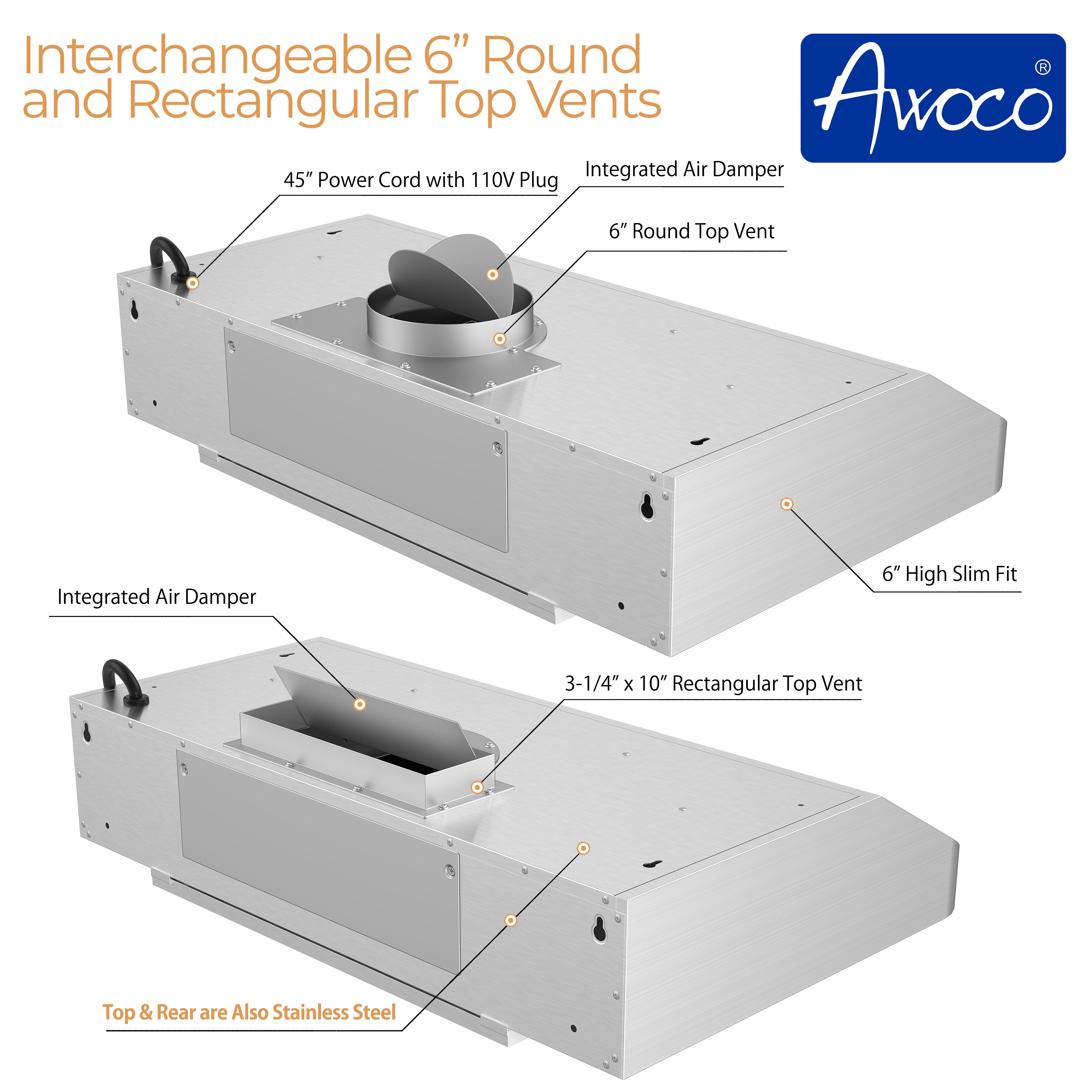 Awoco RH-C06 Under Cabinet Classic 6” High Stainless Steel Range Hood, 4 Speeds, Top Vent 900CFM w/ LED Lights - RH-C06-30-COLD