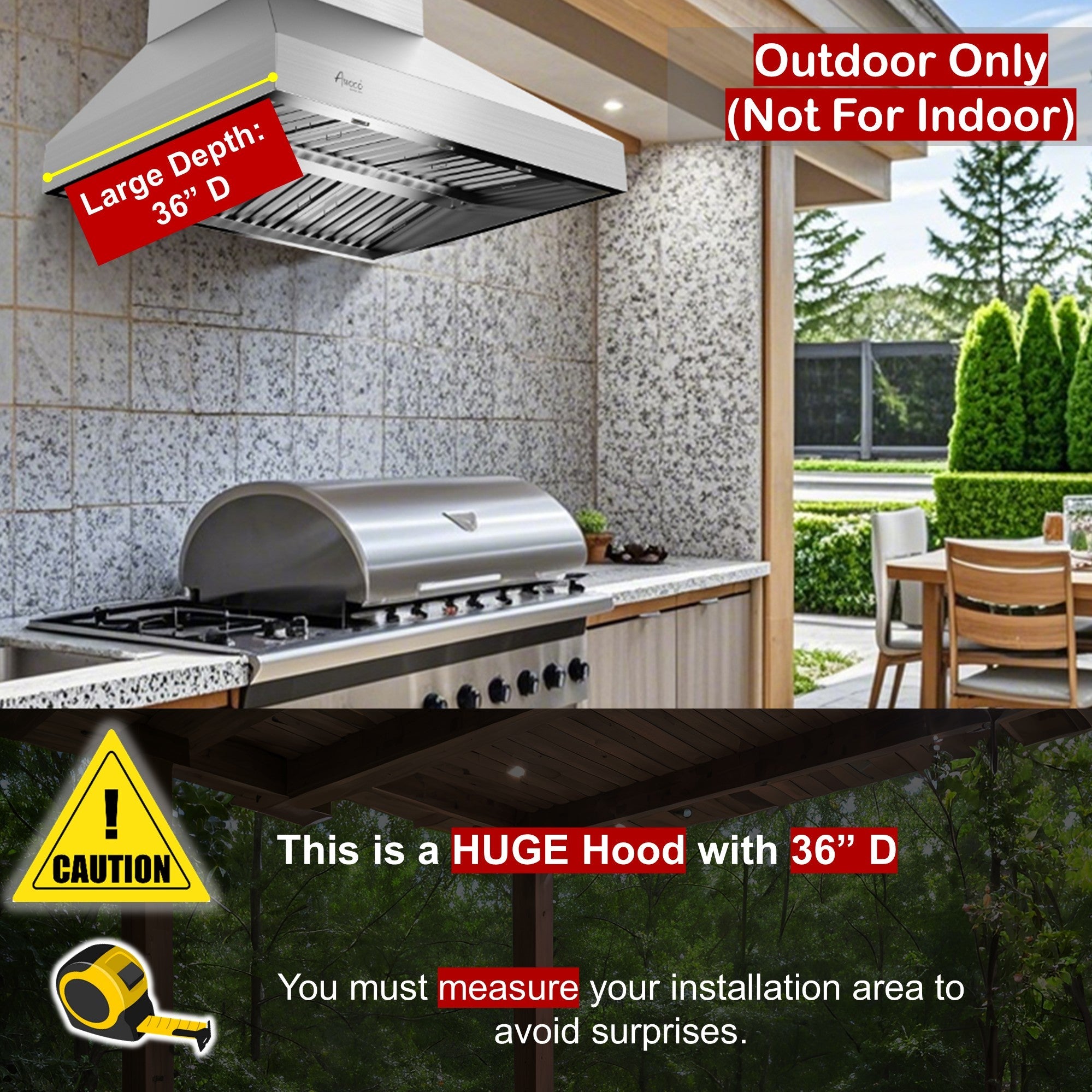 Awoco 42” Outdoor BBQ Wall Mount Vent Hood Type 304 Stainless Steel, 4 Speeds 1000 CFM, Adjustable LED Lights, 8” Round Top Vent - AWC-RH-WM-OD42