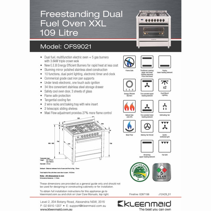 Kleenmaid OFS9021 90cm Freestanding Duel Fuel Cooker