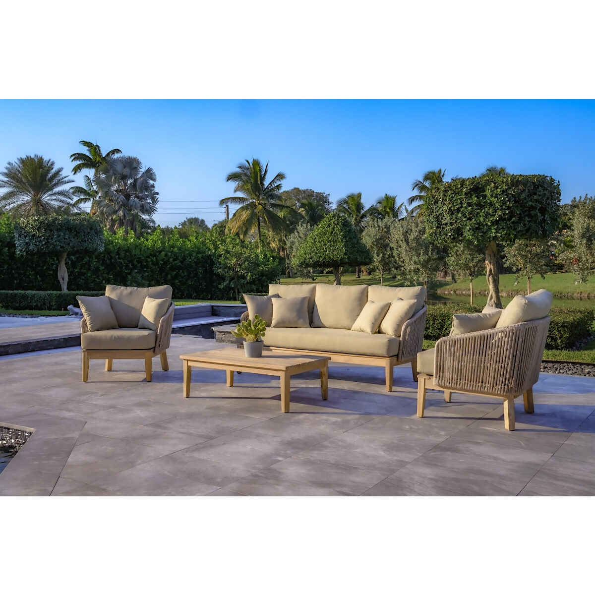 OUTSY Eve 4-Piece Outdoor and Backyard Wood, Aluminum and Rope Furniture Set - 0AEVE-W09-GR-R