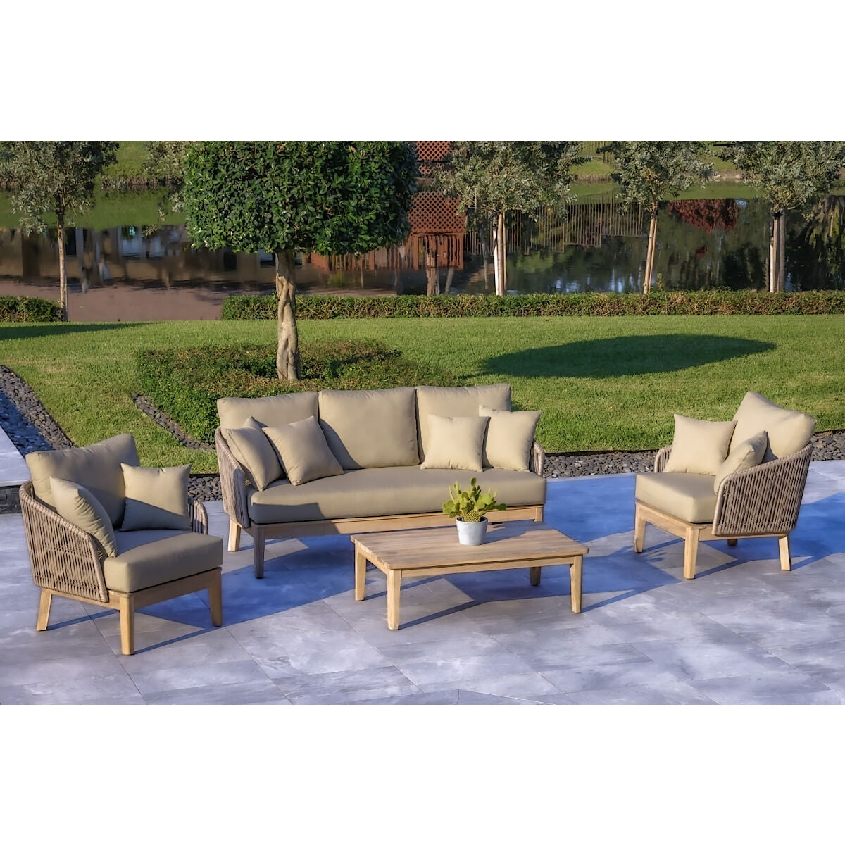 OUTSY Eve 4-Piece Outdoor and Backyard Wood, Aluminum and Rope Furniture Set - 0AEVE-W09-GR-R