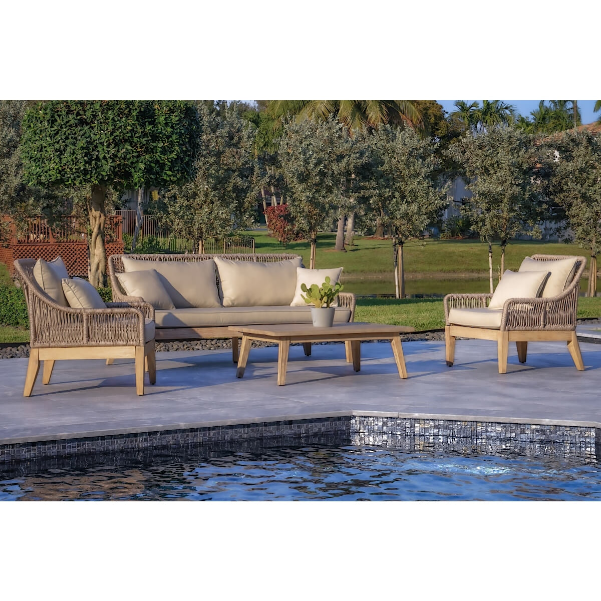 OUTSY Solana 4-Piece Outdoor and Backyard Wood, Aluminum and Rope Furniture Set - 0ASOL-W10-GR-R