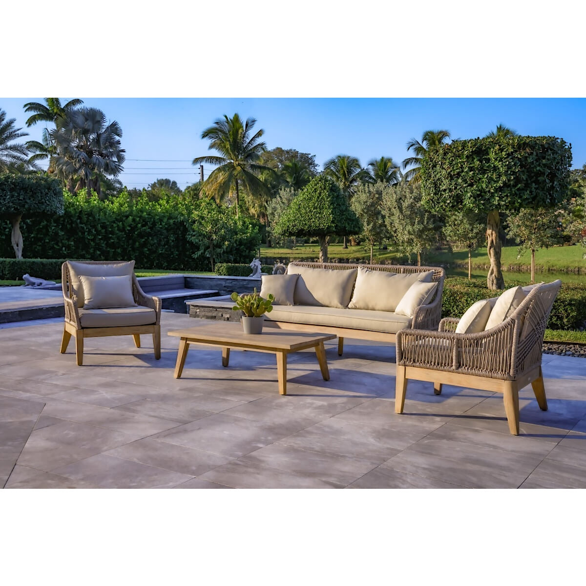 OUTSY Solana 4-Piece Outdoor and Backyard Wood, Aluminum and Rope Furniture Set - 0ASOL-W10-GR-R