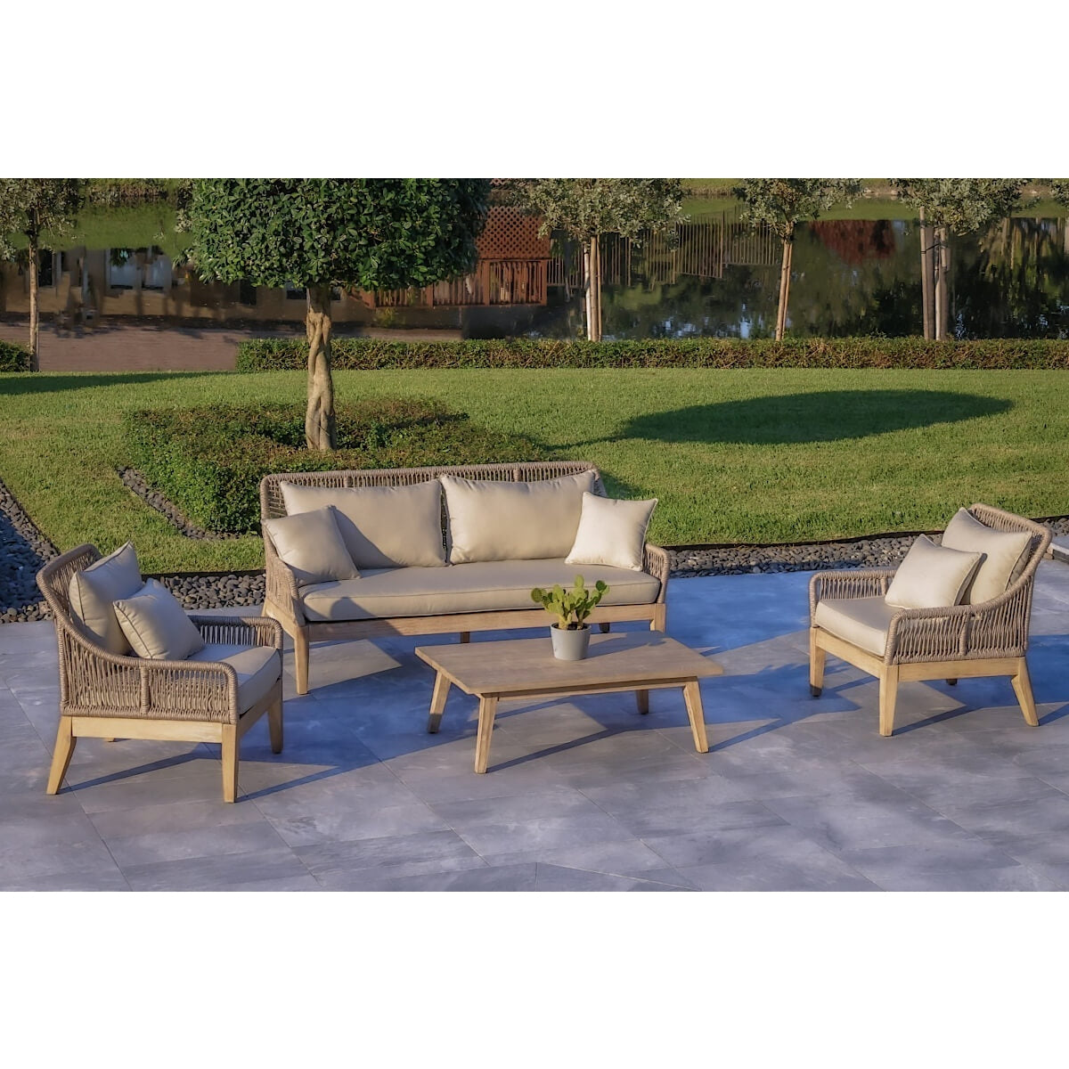 OUTSY Solana 4-Piece Outdoor and Backyard Wood, Aluminum and Rope Furniture Set - 0ASOL-W10-GR-R