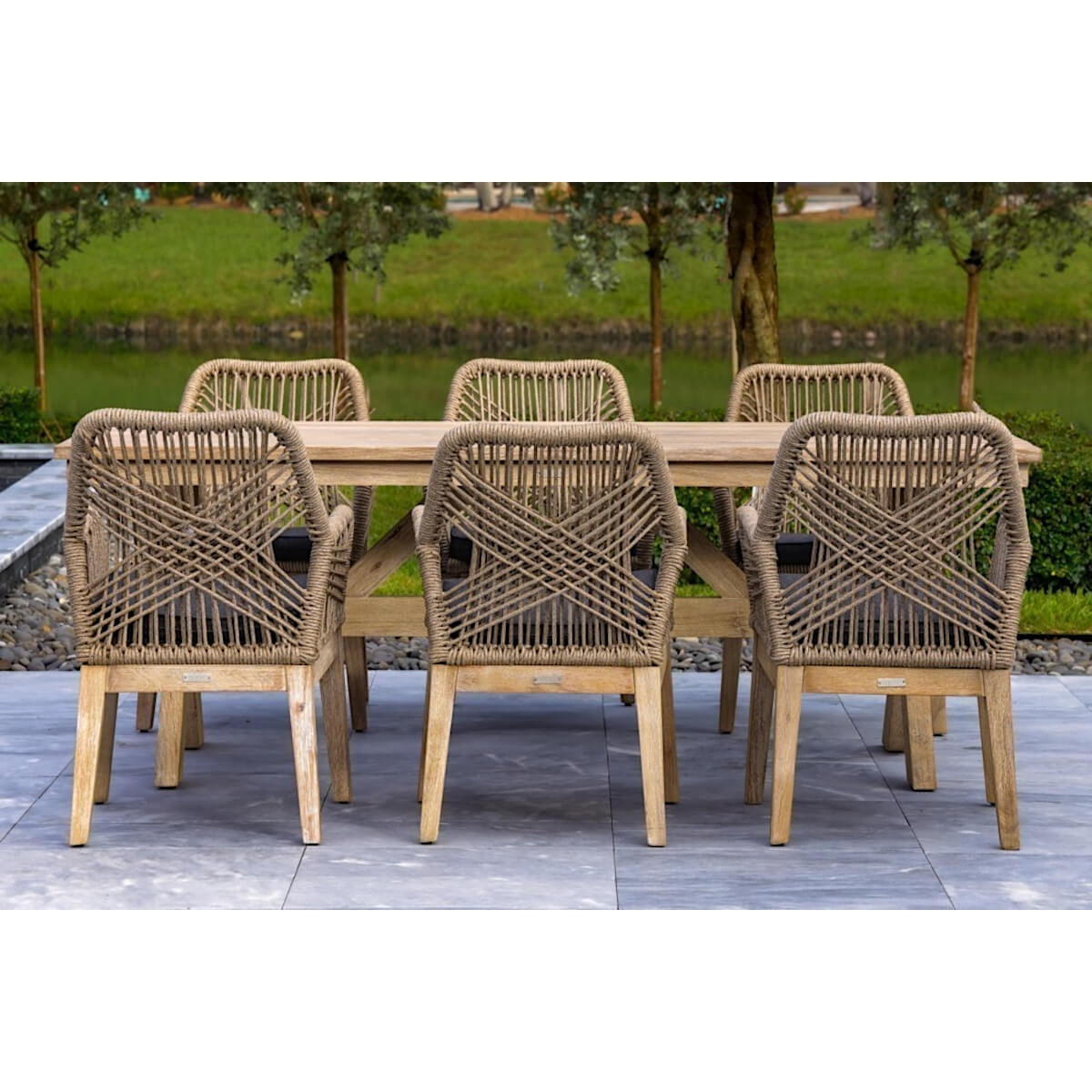 OUTSY Santino 7-Piece Outdoor Dining Set - Wood Table with 6 Wood, Aluminum, and Rope Chairs - 0ASAN-W12-GR-R