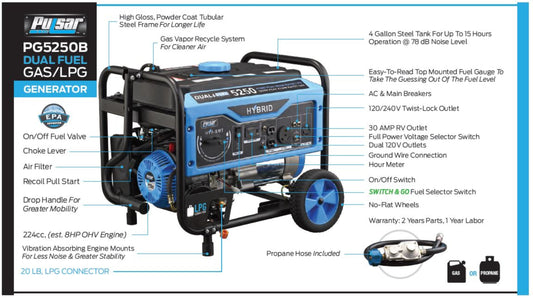 Aurora Generators Pulsar PG5250B 5,250 Peak Watt Dual-Fuel Generator - PowerGen USA - PG5250B