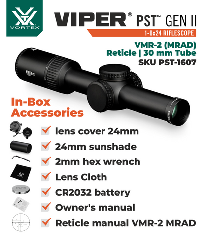 Vortex Optics Viper PST Gen II Second Focal Plane 1-6X24 VMR-2 (MRAD) Reticle, 30 mm Tube Riflescope with Wearable4U Bundle - PST-1607_121-53-BCA
