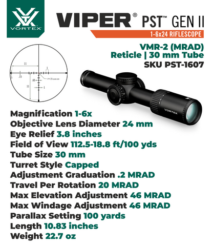 Vortex Optics Viper PST Gen II Second Focal Plane 1-6X24 VMR-2 (MRAD) Reticle, 30 mm Tube Riflescope with Wearable4U Bundle - PST-1607_121-53-BCA