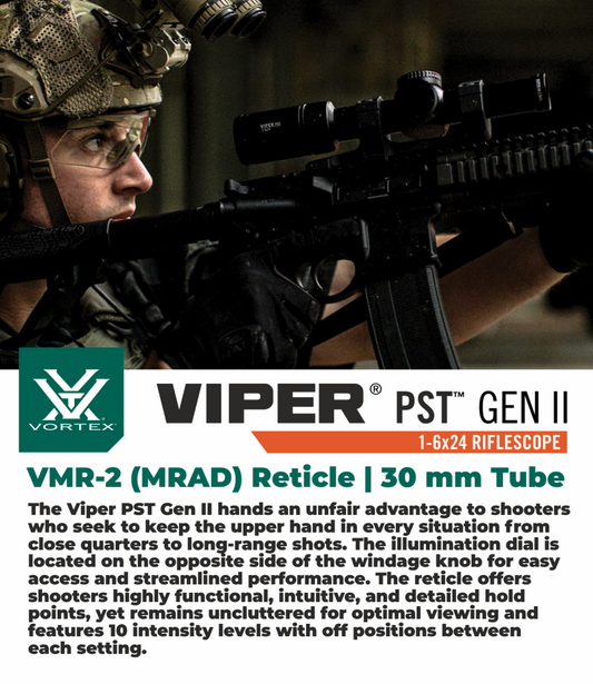 Vortex Optics Viper PST Gen II Second Focal Plane 1-6X24 VMR-2 (MRAD) Reticle, 30 mm Tube Riflescope with Wearable4U Bundle - PST-1607_121-53-BCA