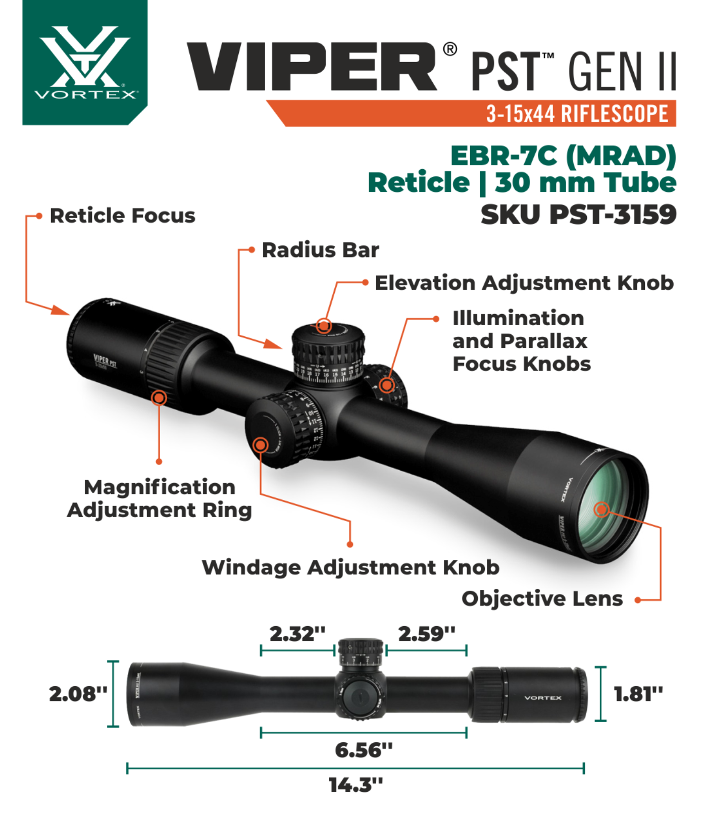 Vortex Optics Viper PST Gen II 3-15x44 FFP Riflescope EBR-7C (MRAD) Reticle, 30 mm Tube with Rings - PST-3159_PMR-30-97_121-53-BCA