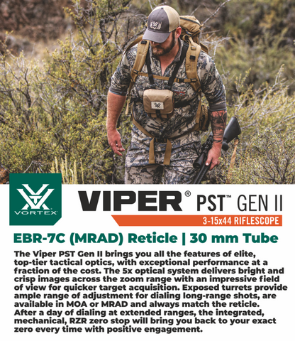 Vortex Optics Viper PST Gen II 3-15x44 FFP Riflescope EBR-7C (MRAD) Reticle, 30 mm Tube with Rings - PST-3159_PMR-30-97_121-53-BCA
