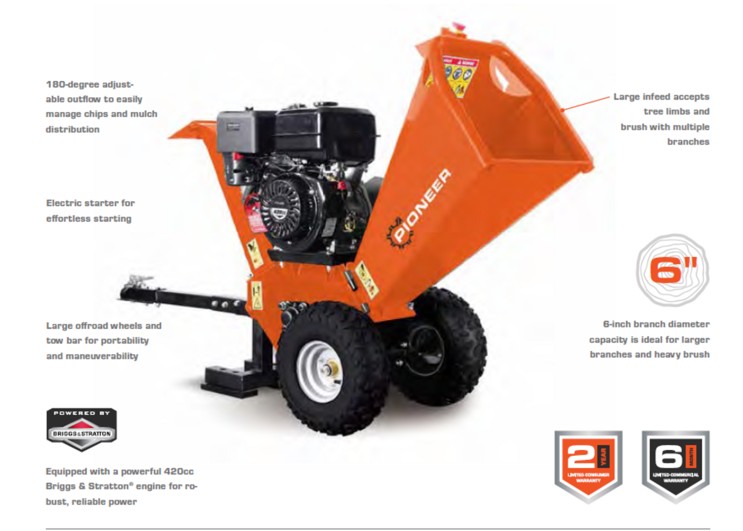 Pioneer 6-In. Gas Wood Chipper Shredder – Electric Start (G6420CH) - G6420CH