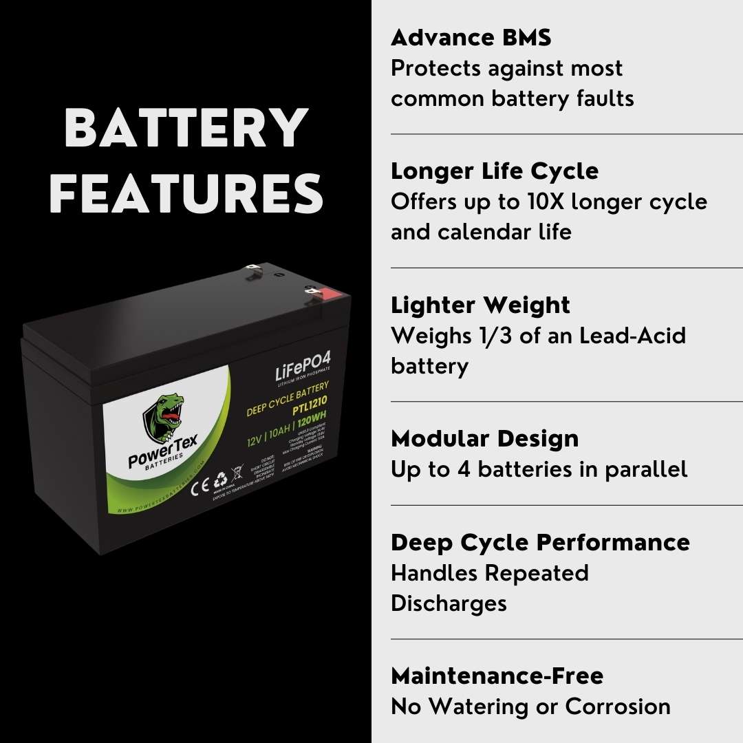 PowerTex Batteries 12V 10Ah LiFePO4 Lithium Iron Phosphate Battery