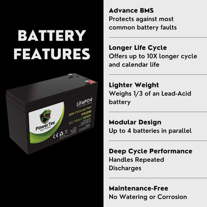 PowerTex Batteries 12V 10Ah LiFePO4 Lithium Iron Phosphate Battery