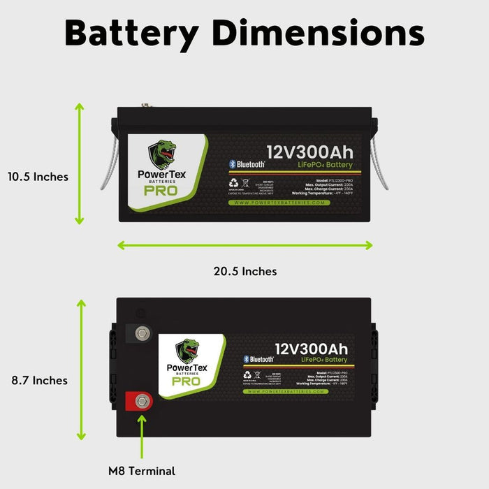 PowerTex Batteries PRO 12V 300Ah LiFePO4 Bluetooth Lithium Iron Phosphate Battery - PTL12300-PRO - Backyard Provider