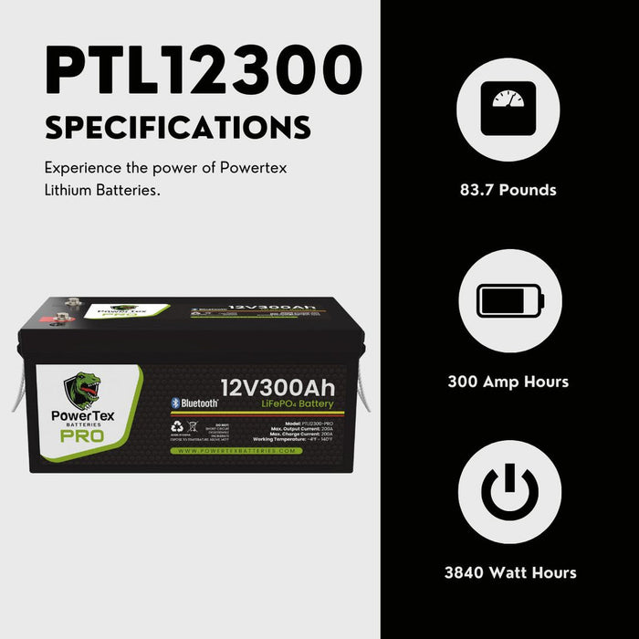 PowerTex Batteries PRO 12V 300Ah LiFePO4 Bluetooth Lithium Iron Phosphate Battery - PTL12300-PRO - Backyard Provider