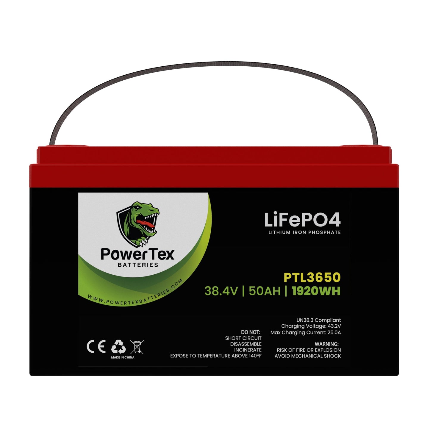 PowerTex Batteries 36V 50Ah LiFePO4 Lithium Iron Phosphate Battery - PTL3650