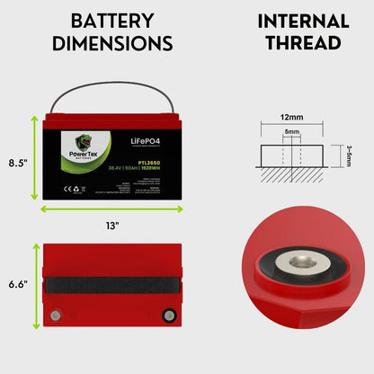 PowerTex Batteries 36V 50Ah LiFePO4 Lithium Iron Phosphate Battery - PTL3650