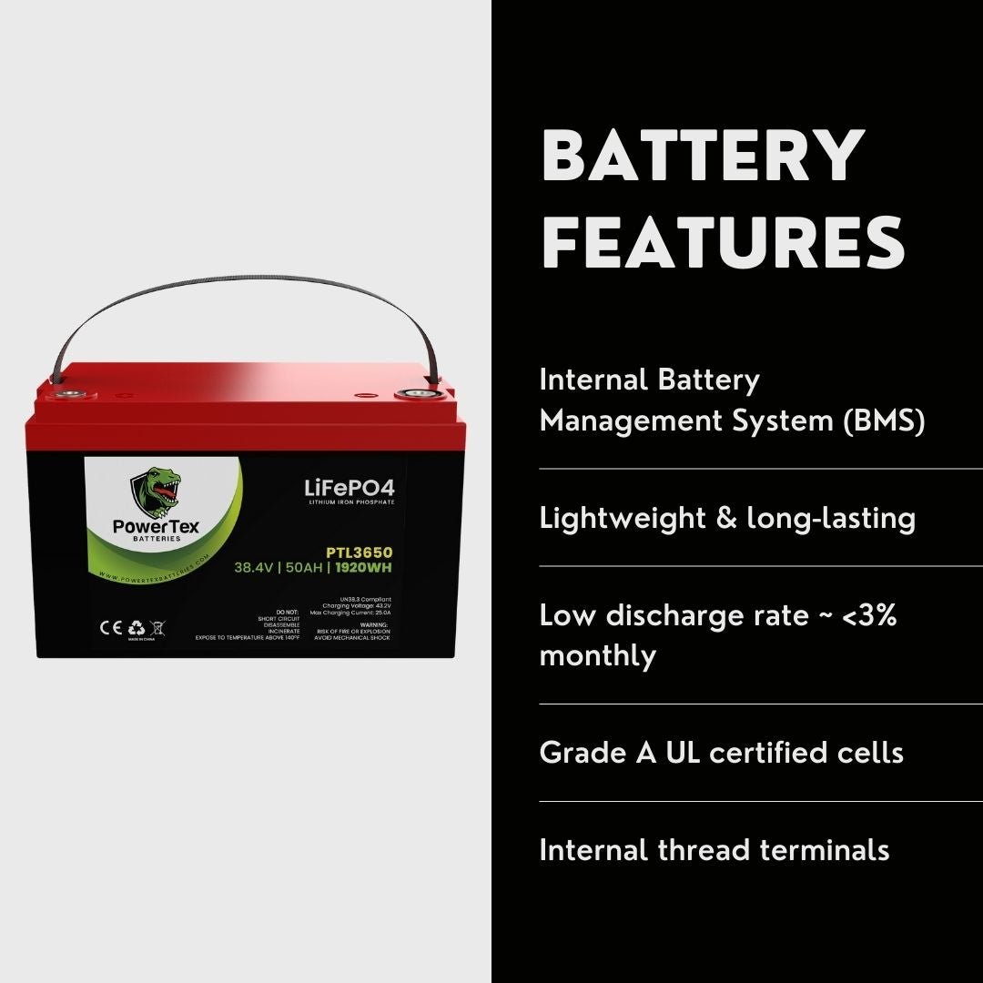 PowerTex Batteries 36V 50Ah LiFePO4 Lithium Iron Phosphate Battery - PTL3650