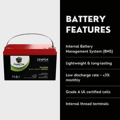 PowerTex Batteries 36V 50Ah LiFePO4 Lithium Iron Phosphate Battery - PTL3650