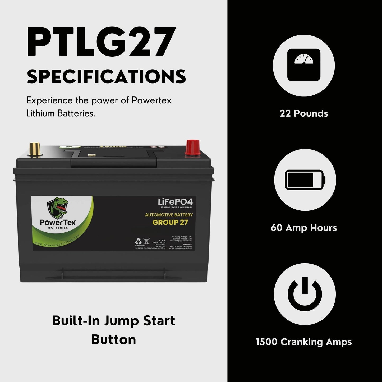 PowerTex Batteries BCI Group 27 / 27M Lithium LiFePO4 Automotive & Marine Battery - PTLG27
