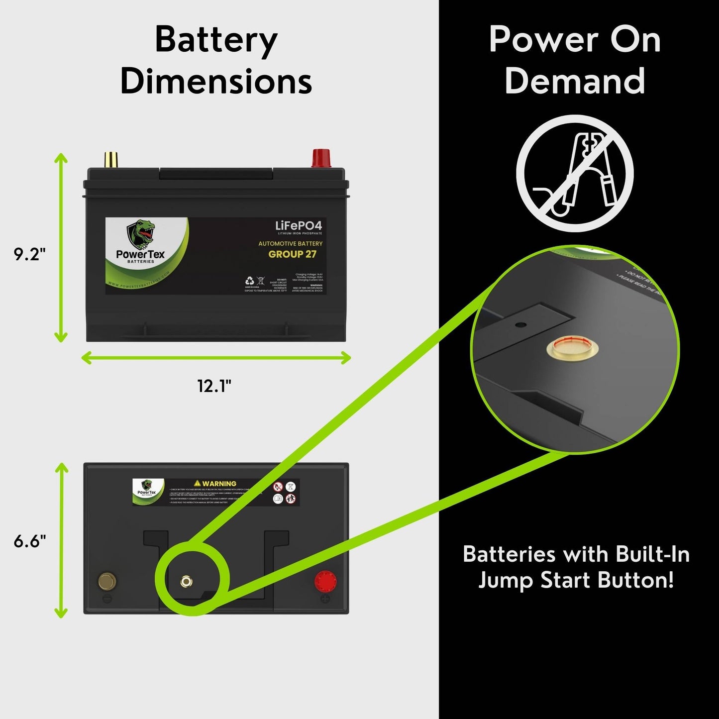 PowerTex Batteries BCI Group 27 / 27M Lithium LiFePO4 Automotive & Marine Battery - PTLG27