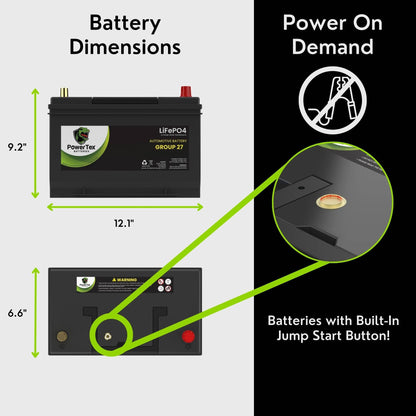 PowerTex Batteries BCI Group 27 / 27M Lithium LiFePO4 Automotive & Marine Battery - PTLG27