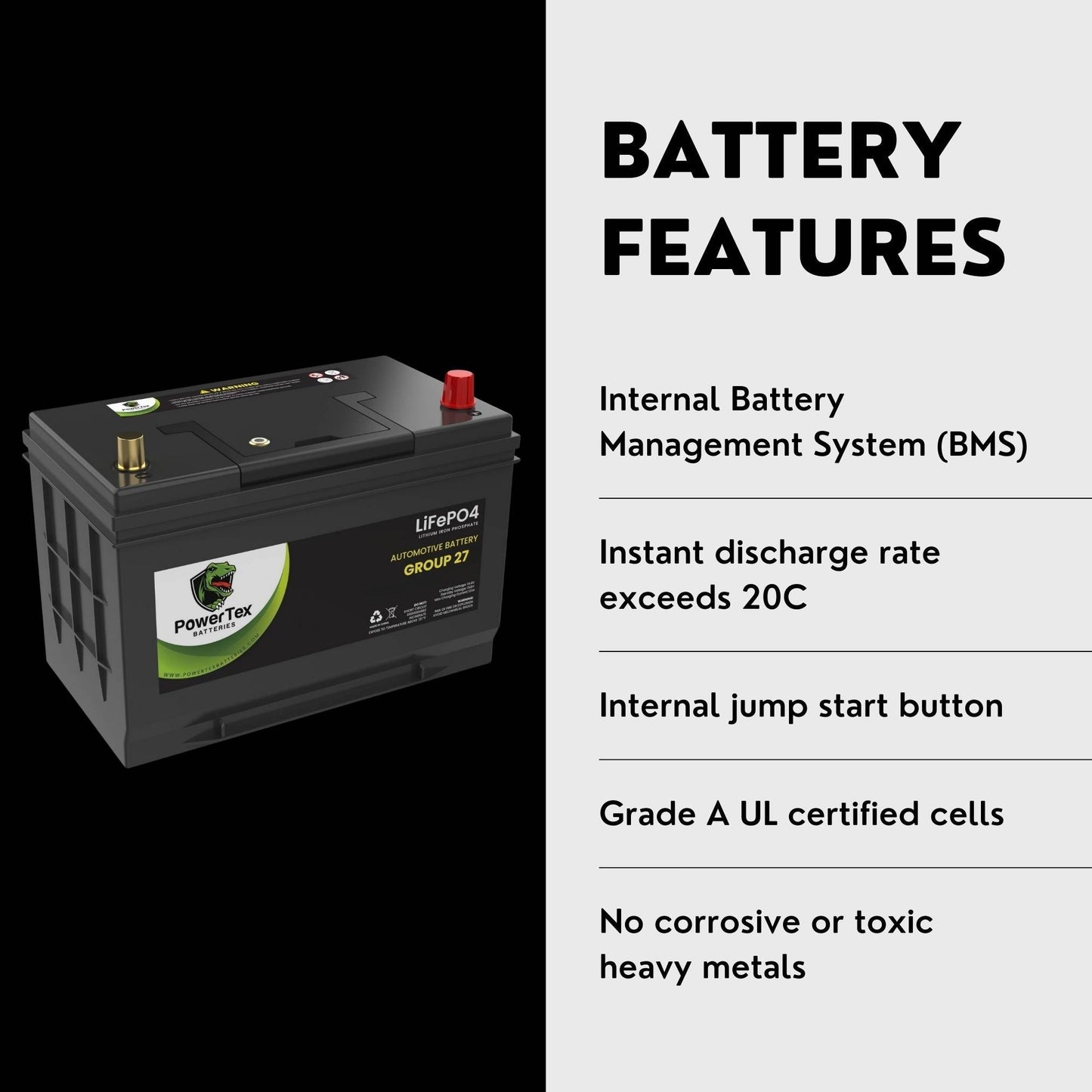 PowerTex Batteries BCI Group 27 / 27M Lithium LiFePO4 Automotive & Marine Battery - PTLG27